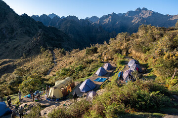 Beautiful mountain views from our tent and campground on the Inca Trail in Peru - obrazy, fototapety, plakaty