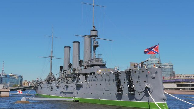 The cruiser Aurora on a sunny summer day. Famous cruiser museum on the Neva river