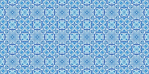 Blue white watercolor azulejo tile border background. Seamless coastal geometrical floral mosaic effect banner. Ornamental arabesque summer fashion repeat edge trim.