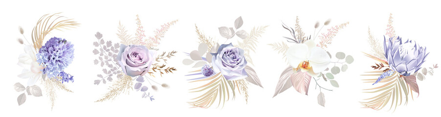 Purple mauve rose, violet hyacinth, magnolia, white orchid, protea, pampas grass, allium, dried palm vector flowers © lavendertime