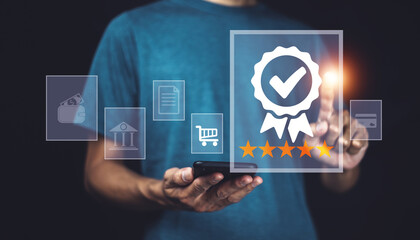 Businessman using smartphone give five star satisfaction customer review best quality excellent