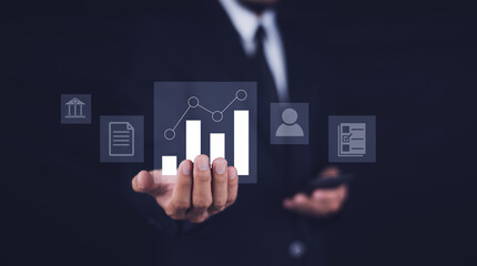 Businessman trader touch virtual hologram stock market and investment trading online