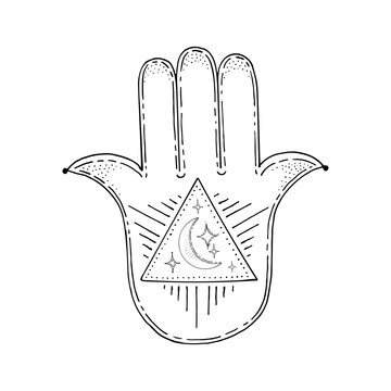 Hand of Fatima. Palm with five fingers. Pyramid triangle Masons. Lunar crescent star. Ancient religion sign. Symbol divine power. Prayer amulet. Hand drawn vector illustration. Gods hand.
