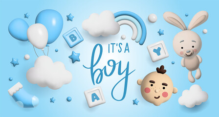 Baby shower 3d space. Banner poster on Baby shower in render style. Lettering it's a boy 3 d style.