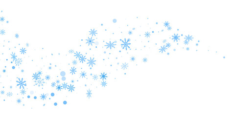 Blue delicate openwork snowflakes scatter on a white background. Festive background, postcard design, wallpaper