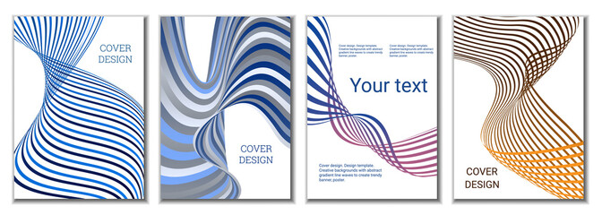 A set of 4 abstract covers. Wavy parallel gradient lines, ribbons evolve. Cover design, background. Trendy banner, poster.