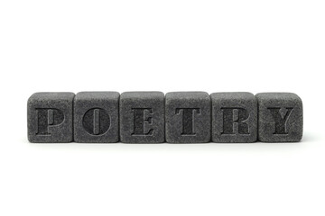 A poetic word made of stone cubes on a white background