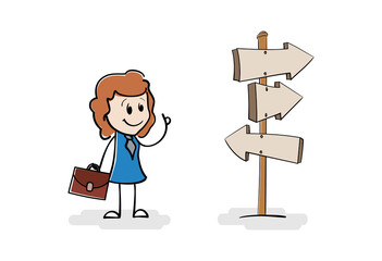 Cartoon smilling businesswoman on crossroad looking for right way forward to future. Woman stand in front of a choice. Woman having to choose between different choices. Concept of success and career.