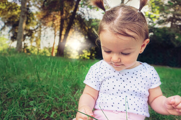 Baby girl sitting in grass in park touching playing and exploring nature - Cute kid toodler outside enjoying the summer