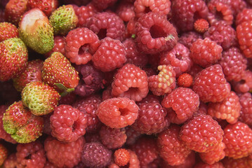 Full frame ripe red raspberries and fragrant strawberries.