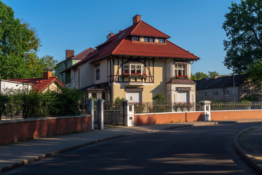 View of a villa in the historic district of Amalienau (former prestigious suburb of Koenigsberg) on a sunny summer day, Kaliningrad, Russia