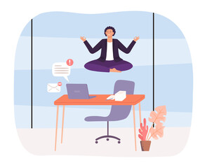 Office yoga. Employee sitting in lotus position. Worker levitating over desktop with laptop. Character receiving notifications