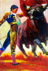 Bright colored painting of a bull and a bullfighter - obrazy, fototapety, plakaty