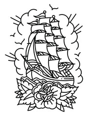 Ship boat old school tattoo on white background, vector illustration.