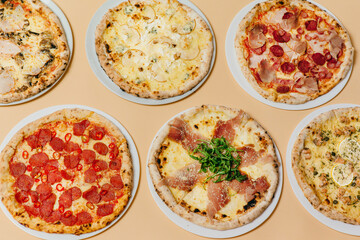 Set pizza assorted ingredients isolated on color background.