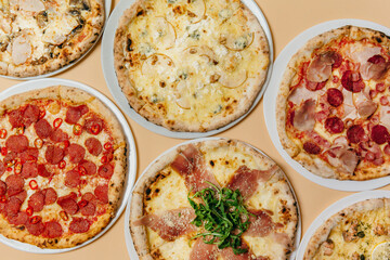 Set pizza assorted ingredients isolated on color background.
