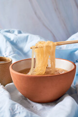 Rice noodle soup or Harusame with chicken, Asian food.