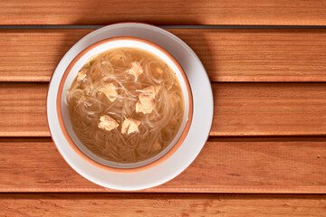 Rice noodle soup or Harusame with chicken, Asian food.