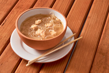 Rice noodle soup with chicken. Asian food