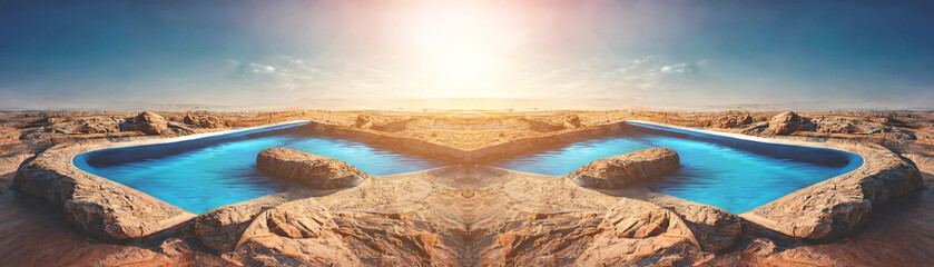 Fototapeta na wymiar Sea water pool in the middle of a sandy desert. Rest in an oasis. Desert landscape at sunset with a swimming pool. 3D illustration.