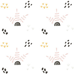 Obraz premium Seamless light coloured pattern with cute jungle, tropical plants and decorations. Kids design for fabric, wrapping, textile, wallpaper, apparel. Vector handdrawn illustration.