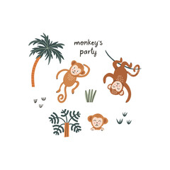 Set of funny monkey in different poses. Vector character in handdrawn style. Monkeys party. Kids illustration isolated on white background.