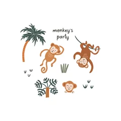 Fototapete Affe Set of funny monkey in different poses. Vector character in handdrawn style. Monkeys party. Kids illustration isolated on white background.