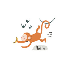 Cute redhead monkey jumping with banana. Vector character in handdrawn style. Card, poster composition design. Kids concept illustration. Hello lettering.