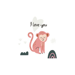 Cute little rose monkey. Vector character in handdrawn style. Card, poster composition design. Kids concept illustration. I love you lettering.