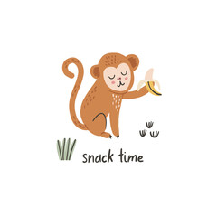 Funny, cute little monkey. Snack time concept. Vector character in handdrawn style. Card, poster composition design. Kids illustration isolated on white background.