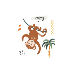 Funny little monkey upside down. Vector character in cartoon handdrawn style. Card, poster composition design. Kids vector illustration isolated on white background.