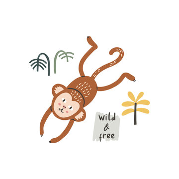 Funny wild and free monkey jumping. Vector character in cartoon handdrawn style. Card, poster composition design. Kids illustration with tropical plants isolated on white background.
