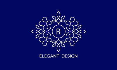 Trendy logo design template. Simple and clear initials R with ornate frames and blue background, suitable for restaurants, hotels, cafes, shops, fashion, beauty salons, etc.