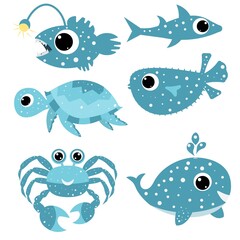 Sea set - cute shark, puffer fish, whale, crab, turtle and deep sea fish.