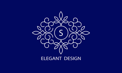 Trendy logo design template. Simple and clear initials S with ornate frames and blue background, suitable for restaurants, hotels, cafes, shops, fashion, beauty salons, etc.
