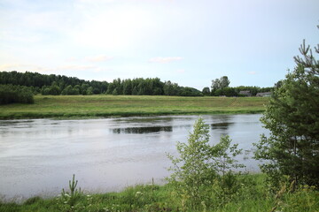 summer river in the countryside in the evening