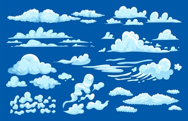 Cumulus clouds. Cartoon game UI 2D asset, summer cloudy sky background, sprite set of vapor fog mist and smoke. Vector cirrus and noctilucent clouds isolated set - obrazy, fototapety, plakaty