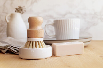 Eco-friendly wooden brush for washing dishes and natural dish soap