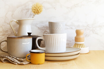 Kitchenware, dishes, plates, cups, cleaning supplies