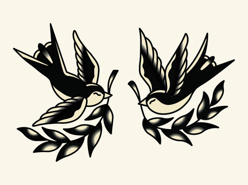 Vector illustration of swallow bird vintage tattoo set