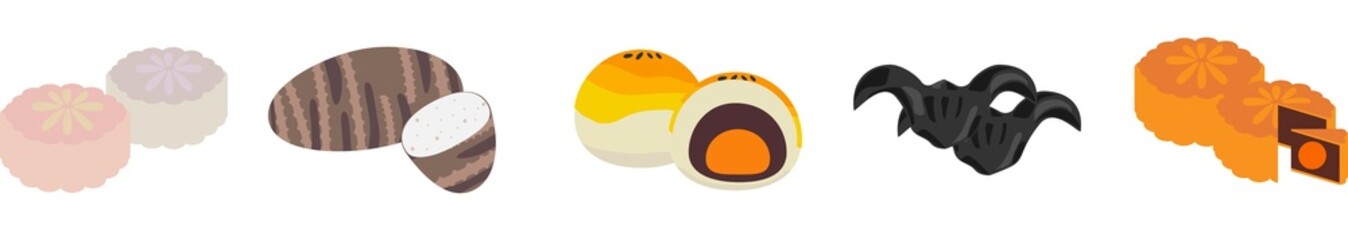 Cartoon Mid Autumn Festival Food Set. Collection included mooncake, snow skin mooncake, taro, water caltrop, yolk pastry. Isolated on white background, flat design, vector, illustration, EPS10
