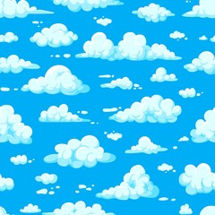 Cartoon clouds pattern. Seamless print of summer blue sunny sky with fluffy cumulus clouds, heaven sky background. Vector texture