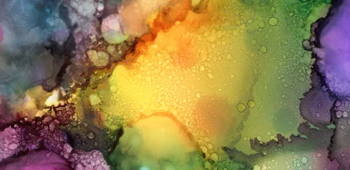 Poster Im Rahmen Art Abstract paint blots background. Alcohol ink colors. Marble texture. Horizontal long banner. © Liliia