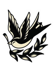 Swallow carries a laurel branch. Drawing in the style of Old School Tattoo