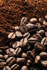 Roasted coffee beans different sort ground and whole close up background