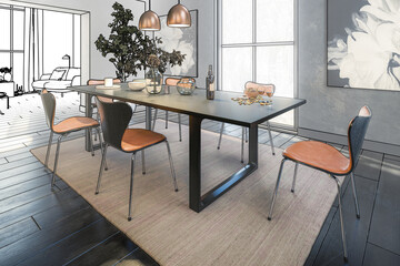Table Group Inside a Loft Apartment (planning) - 3D Visualization