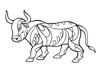 Vector Illustration of bull. Black and white vector illustration for coloring book. Beautiful drawings with patterns and small details. 
