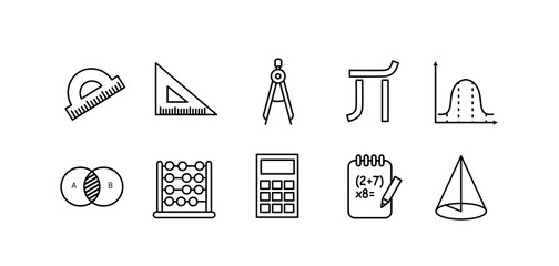Matematyka  zestaw ikon, ekierka, kątomierz,  cyrkiel, kalkulator, obliczenia, geometria, liczydło , zbiory funkcje