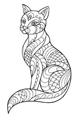 Vector Illustration of cat. Black and white vector illustration for coloring book. Beautiful drawings with patterns and small details. 