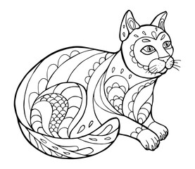 Vector Illustration of cat. Black and white vector illustration for coloring book. Beautiful drawings with patterns and small details. 